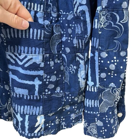 J Crew Mens Indian Madras Patchwork Blue Button Up Shirt Size L Blue Indigo Dyed - Picture 6 of 9